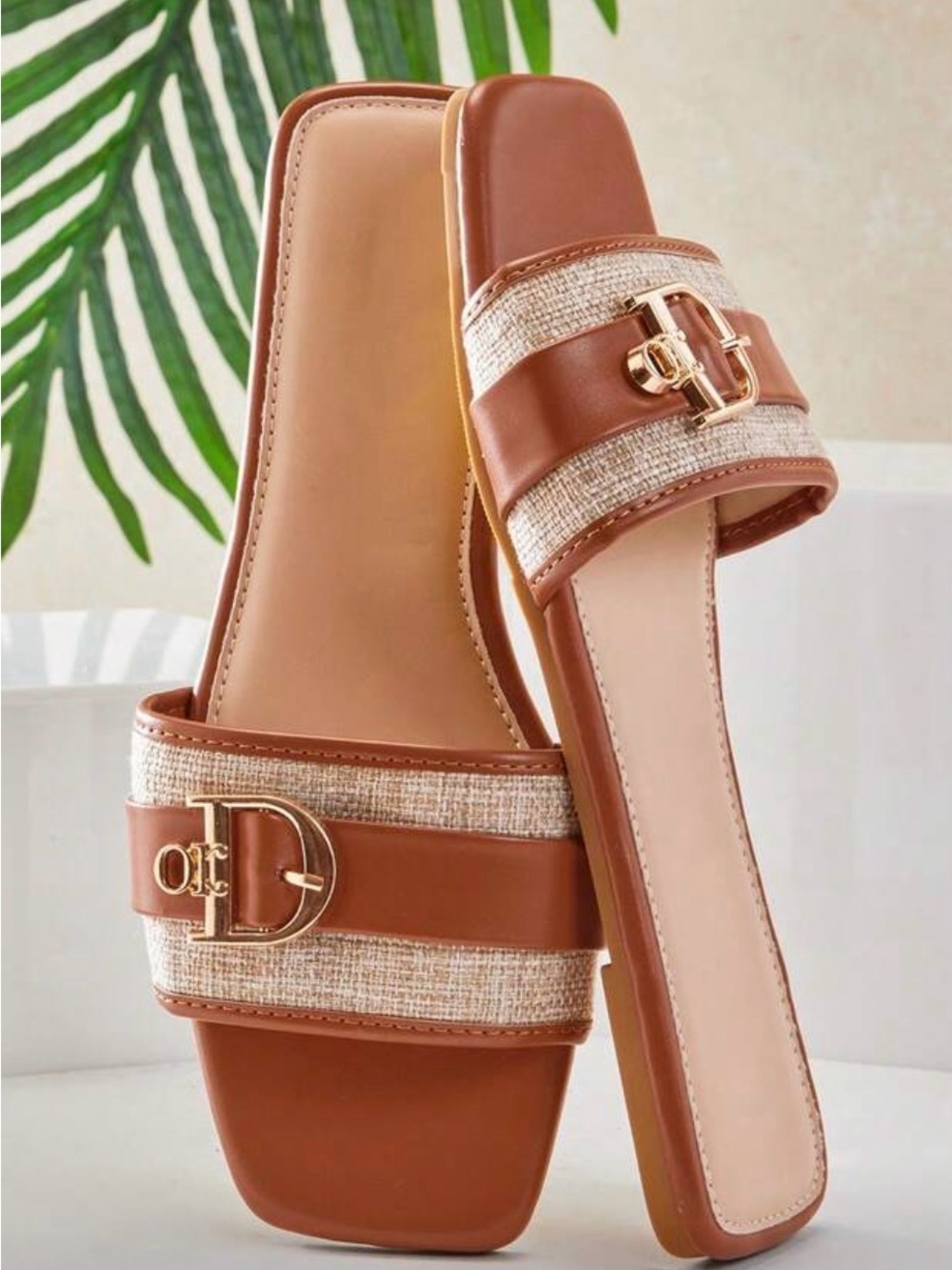 Women’s Brown Leather-Trim Slide Sandals with Woven Strap